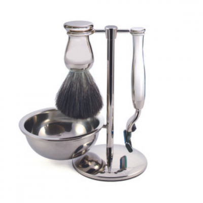 EDWIN JAGGER Ensemble Rasage 4 Pi&egrave;ces - Blaireau + Rasoir Gillette Mach3 + Bol + Support - Finition Chrom&eacute;e