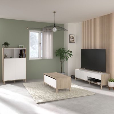 ALTOBUY Ensemble salon ORPHEE - Table basse, meuble TV et rangement 2 portes - Blanc et aspect bois clair