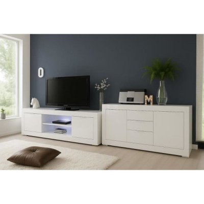 AUCUNE Ensemble s&eacute;jour  BASICO blanc laqu&eacute; meuble TV 180 cm buffet 210 cm