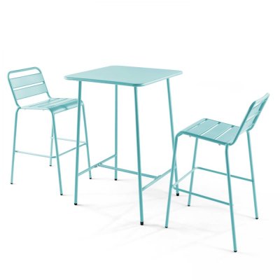 Ensemble table de bar et 2 chaises hautes en m&eacute;tal turquoise 