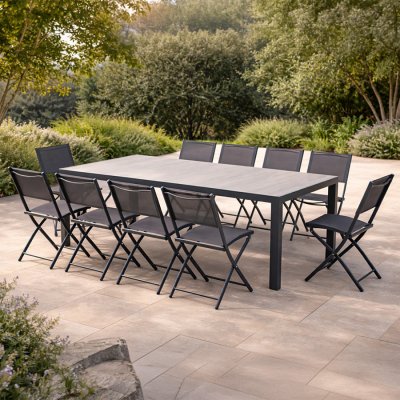 CONCEPT USINE Ensemble table de jardin 200 cm en aluminium et 10 chaises pliantes LAGOS