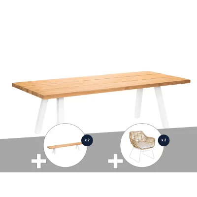 JARDILINE Ensemble table de jardin en teck Seychelles + 2 bancs en teck + 2 fauteuils - 10 places -