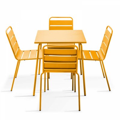OVIALA Ensemble table de jardin et 4 chaises en m&eacute;tal jaune 70 x 70 x 72 cm