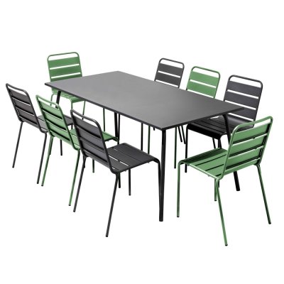 OVIALA Ensemble table de jardin et 8 chaises en m&eacute;tal gris et vert cactus