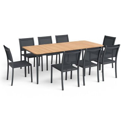 OVIALA Ensemble table de jardin rectangulaire aluminium/teck et 8 fauteuils