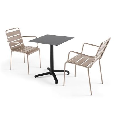 OVIALA Ensemble table de jardin statifi&eacute; ardoise gris et 2 fauteuils taupe