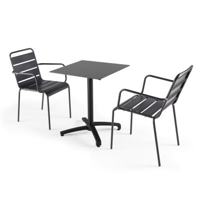 OVIALA Ensemble table de jardin stratifi&eacute; noir et 2 fauteuils palavas gris