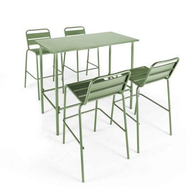 Ensemble table haute et 4 chaises de bar en m&eacute;tal vert cactus