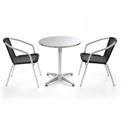 OVIALA Ensemble table ronde en aluminium + 2 chaises en r&eacute;sine tress&eacute;e