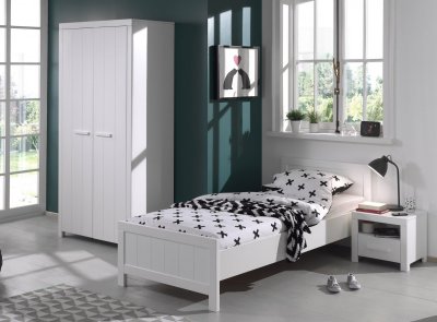 VIPACK ERIK Lit simple + Chevet en bois laqu&eacute; + Armoire 2 portes + lit gigogne