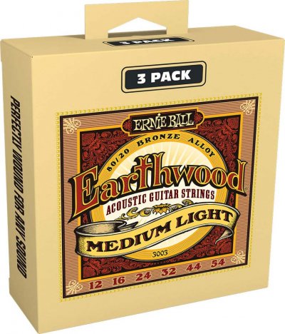ERNIE BALL  3003 - 3 jeux de cordes acoustiques - Earthwood 80/20 Bronze - M&eacute;dium Light 12-54