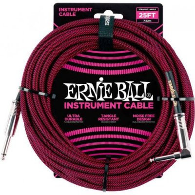 ERNIE BALL  6062 - C&acirc;ble gaine tiss&eacute;e noire et rouge jack-jack coud&eacute; - 7.62m