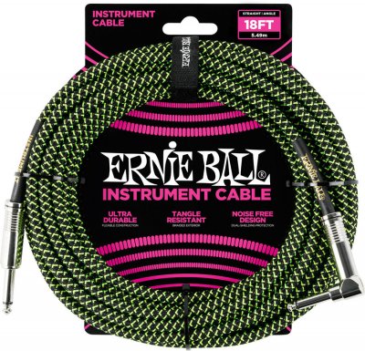 ERNIE BALL  6082 - C&acirc;ble gaine tiss&eacute;e noir et vert jack-jack coud&eacute; - 5,5m