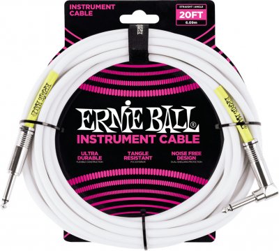 ERNIE BALL  C&acirc;ble d&rsquo;instrument, connecteur droit et coud&eacute;, 6 m, blanc