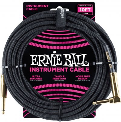 ERNIE BALL  C&acirc;ble d&rsquo;instrument tress&eacute;, connecteur droit et coud&eacute;, 3 m, noir