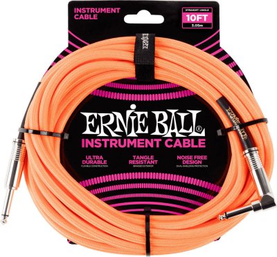 ERNIE BALL  C&acirc;ble d&rsquo;instrument tress&eacute;, connecteur droit et coud&eacute;, 3 m, orange fluo