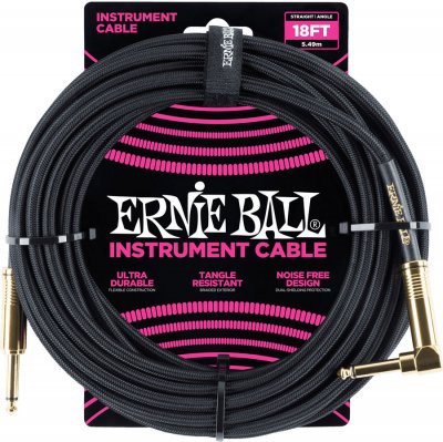 ERNIE BALL  C&acirc;ble d&rsquo;instrument tress&eacute;, connecteur droit et coud&eacute;, 5,5 m, noir