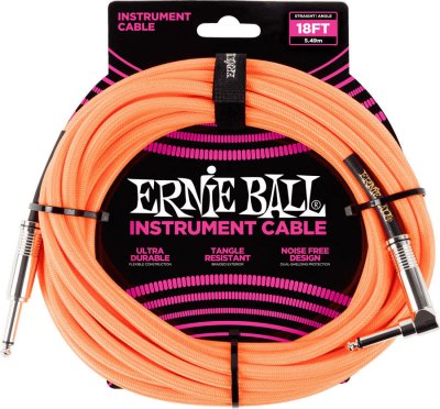 ERNIE BALL  C&acirc;ble d&rsquo;instrument tress&eacute;, connecteur droit et coud&eacute;, 5,5 m, orange fluo