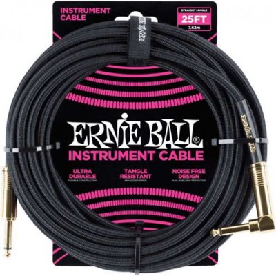 ERNIE BALL  C&acirc;ble d&rsquo;instrument tress&eacute;, connecteur droit et coud&eacute;, 7,6 m, noir
