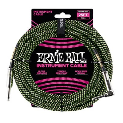 ERNIE BALL  C&acirc;ble d&rsquo;instrument tress&eacute;, connecteur droit et coud&eacute;, 7,6 m, noir/vert