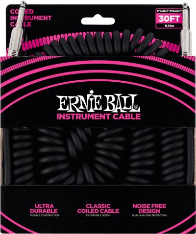 ERNIE BALL  C&acirc;ble enroul&eacute; pour instrument, connecteur droit, 9,1 m, noir