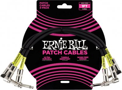 ERNIE BALL  Jeu de 3 c&acirc;bles de raccordement coud&eacute;s, 30,5 cm, noir