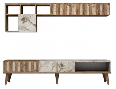 COTECOSY Esemble meuble TV en bois noyer et blanc effet marbre Roma 180 cm