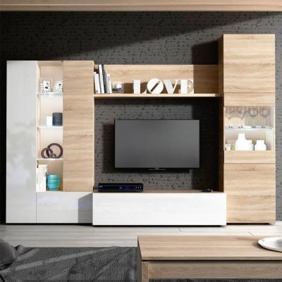  ESSENCIAL Meuble TV avec LED classique blanc brillant et d&eacute;cor ch&ecirc;ne - L 260 cm