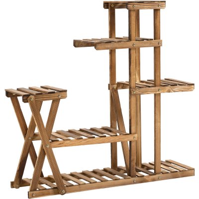 OUTSUNNY &Eacute;tag&egrave;re &agrave; fleurs 6 tablettes bois de sapin trait&eacute; carbonisation