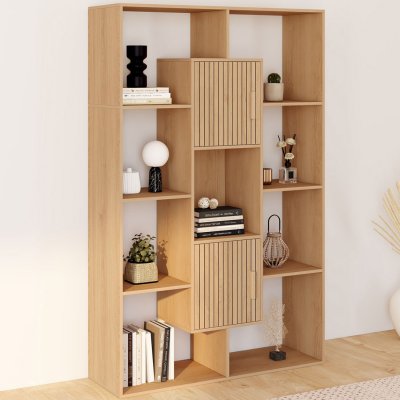 Etag&egrave;re biblioth&egrave;que avec 11 compartiments et 2 cases effet lattes 143 cm