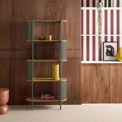 Etag&egrave;re biblioth&egrave;que m&eacute;tal courb&eacute; et d&eacute;cor bois 5 niveaux vert - Molto