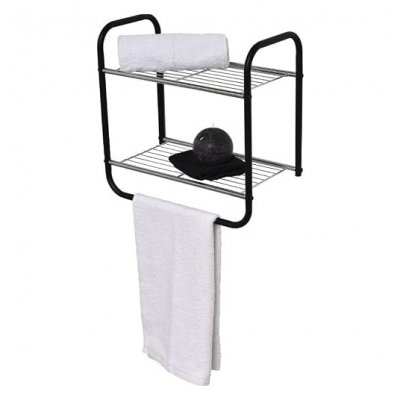 TENDANCE Etag&egrave;re murale 2 niveaux porte serviette m&eacute;tal - Noir - Noir et chrome