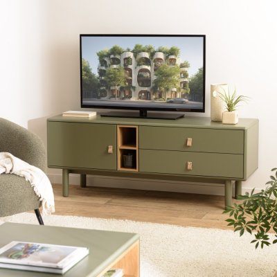 MACABANE Ethan - meuble tv 1 porte, 2 tiroirs et 2 niches en bois vert