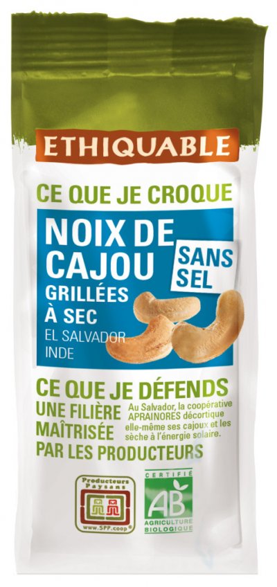ETHIQUABLE  Noix de cajou Bio grill&eacute;es sans sel - sachet de 100 g