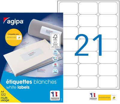 AGIPA Etiquettes adresses 63,5 x 38,1 mm  118984 - Bo&icirc;te de 2100
