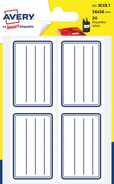 AVERY DENNISON Etiquettes scolaires Avery - lign&eacute;es bleu - 36 x 56 mm - sachet de 20