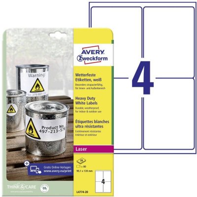 AVERY ZWECKFORM Etiquettes ultra r&eacute;sistantes  L4774-20 99.1 x 139 mm Blanc 80pc