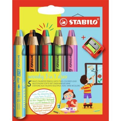 STABILO Etui carton de 5 crayons de couleur  woody 3 in 1 mine bicolore + 1 taille-crayon