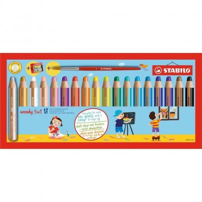 STABILO Etui de 18 crayons de couleur Woody + 1 taille-crayon + 1 pinceau