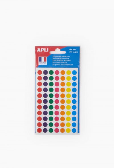 APLI Etui de 385 disques adh&eacute;sifs diam&eacute;tre 8 mm coloris assortis