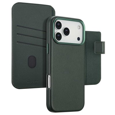 ACCEZZ Etui de t&eacute;lephone portefeuille en cuir 2-en-1 avec MagSafe pour iPhone 17 Pro Max - Cedar Green