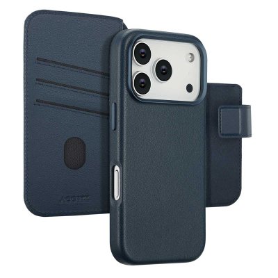 ACCEZZ Etui de t&eacute;lephone portefeuille en cuir 2-en-1 avec MagSafe pour iPhone 17 Pro - Nightfall Blue
