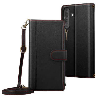 AVIZAR Etui Folio pour Samsung Galaxy A37 &agrave; Zip avec Bandouli&egrave;re Amovible Noir
