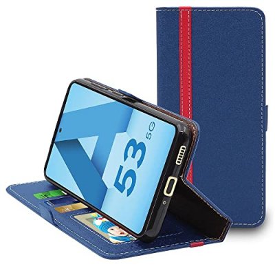 EBESTSTAR Etui portefeuille pour galaxy a53 5g sm-a536b pu cuir porte-cartes support stand, bleu fonc&eacute; / rouge