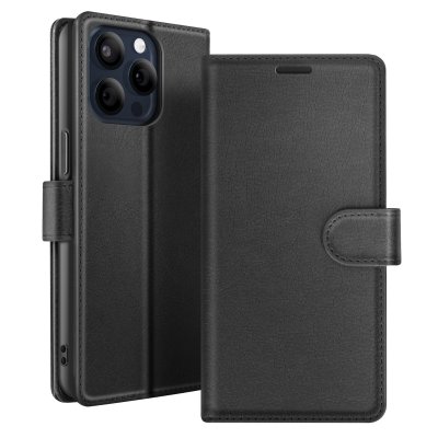 ZANAE Etui Portefeuille pour iPhone 15 Pro Fonction Support et Languette Magn&eacute;tique Zana&eacute; Noir