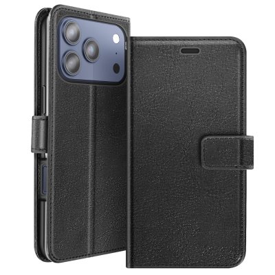 MAYAXESS Etui Portefeuille pour iPhone 17 Pro avec Dragonne et Fonction Stand Noir
