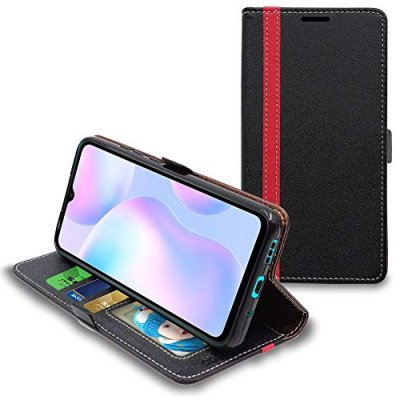 EBESTSTAR Etui portefeuille pour xiaomi redmi 9a pu cuir porte-cartes support stand, noir / rouge