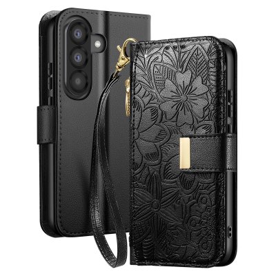 AVIZAR Etui Portefeuille Samsung Galaxy A56 Motif Floral Poche Zipp&eacute;e Noir