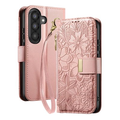 AVIZAR Etui Portefeuille Samsung Galaxy A56 Motif Floral Poche Zipp&eacute;e Rose