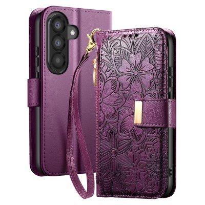 AVIZAR Etui Portefeuille Samsung Galaxy A56 Motif Floral Poche Zipp&eacute;e Violet